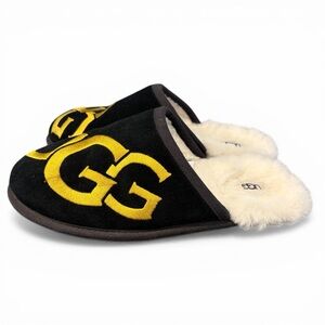 UGG Scuff Logo Slippers Mens 11 Black Suede Gold Logo Slip On GUC